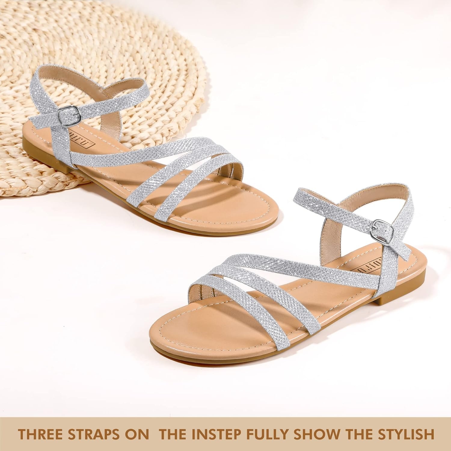 image:imageIDIFU Strappy Sandals for Women Dressy Summer Flat Sandals with Back Strap Open Toe Slingback Ankle Strap Sandals Wedding Bridal Prom Bride Bridesmaid Sandals Comfortable Cute Casual Dress SandalsSilver Glitter