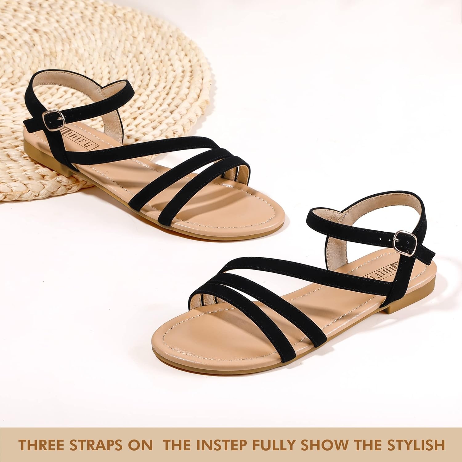 image:imageIDIFU Strappy Sandals for Women Dressy Summer Flat Sandals with Back Strap Open Toe Slingback Ankle Strap Sandals Wedding Bridal Prom Bride Bridesmaid Sandals Comfortable Cute Casual Dress SandalsBlack Nubuck