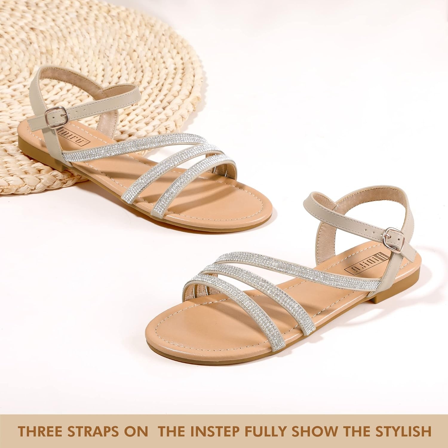 image:imageIDIFU Strappy Sandals for Women Dressy Summer Flat Sandals with Back Strap Open Toe Slingback Ankle Strap Sandals Wedding Bridal Prom Bride Bridesmaid Sandals Comfortable Cute Casual Dress SandalsNude Pu Rhinestone