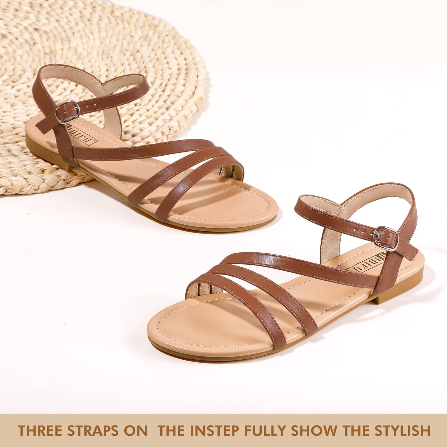 image:imageIDIFU Strappy Sandals for Women Dressy Summer Flat Sandals with Back Strap Open Toe Slingback Ankle Strap Sandals Wedding Bridal Prom Bride Bridesmaid Sandals Comfortable Cute Casual Dress SandalsBrown Pu