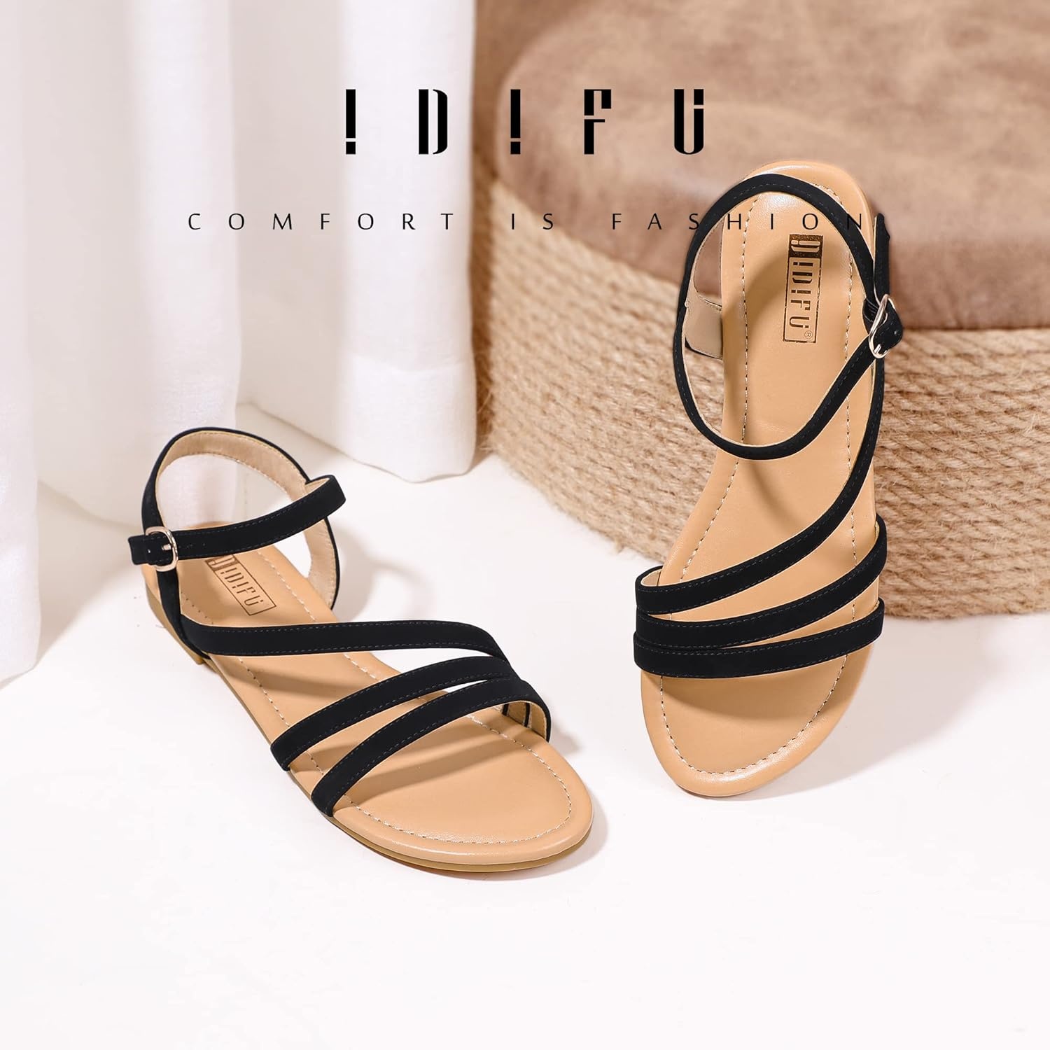 image:imageIDIFU Strappy Sandals for Women Dressy Summer Flat Sandals with Back Strap Open Toe Slingback Ankle Strap Sandals Wedding Bridal Prom Bride Bridesmaid Sandals Comfortable Cute Casual Dress SandalsBlack Nubuck