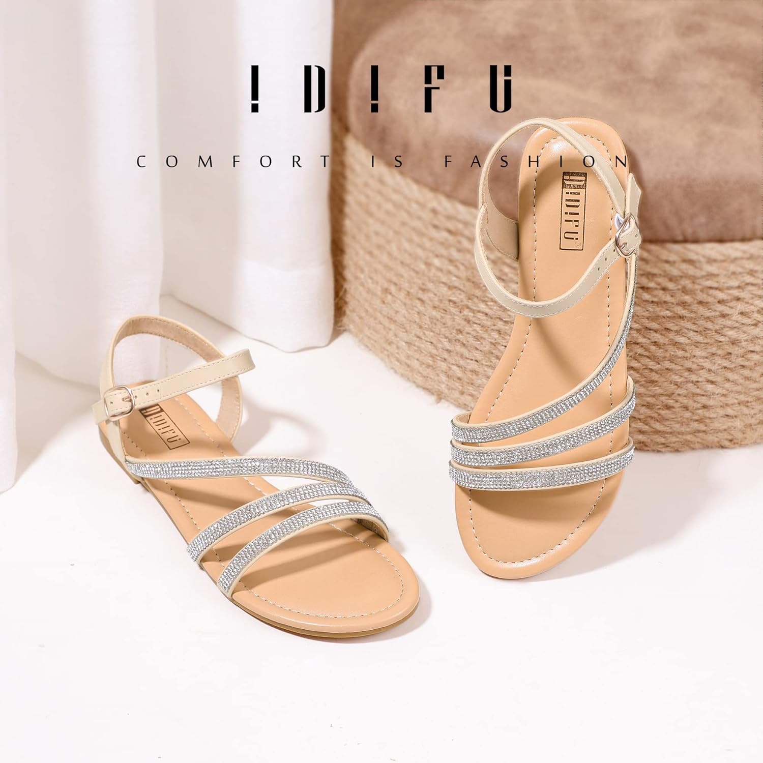 image:imageIDIFU Strappy Sandals for Women Dressy Summer Flat Sandals with Back Strap Open Toe Slingback Ankle Strap Sandals Wedding Bridal Prom Bride Bridesmaid Sandals Comfortable Cute Casual Dress SandalsNude Pu Rhinestone