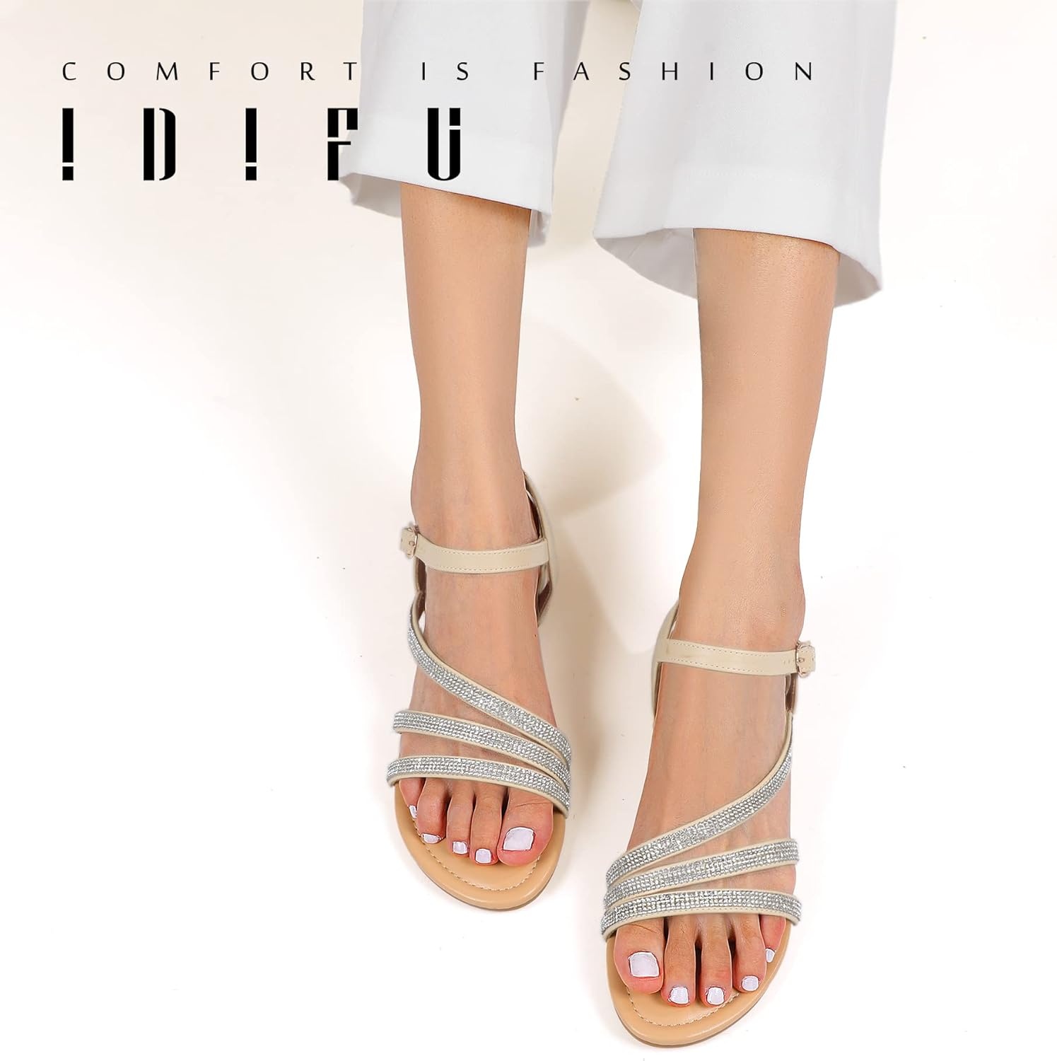 image:imageIDIFU Strappy Sandals for Women Dressy Summer Flat Sandals with Back Strap Open Toe Slingback Ankle Strap Sandals Wedding Bridal Prom Bride Bridesmaid Sandals Comfortable Cute Casual Dress SandalsNude Pu Rhinestone