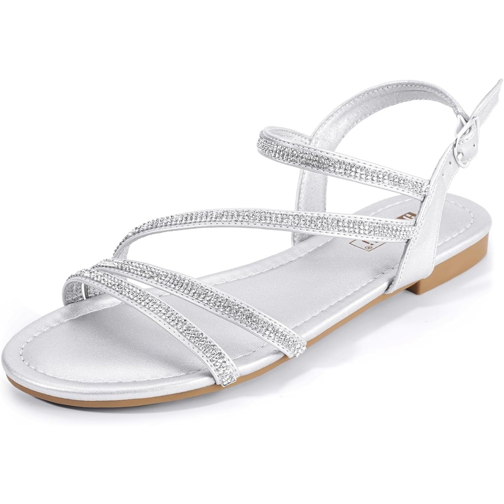 image:imageIDIFU Rhinestone Strappy Sandals for Women Dressy Summer Glitter Flat Sandals with Back Strap Open Toe Slingback Ankle Strap Sandals Wedding Bridal Prom Sparkly Bling Comfortable Cute Dress SandalsSilver Rhinestone