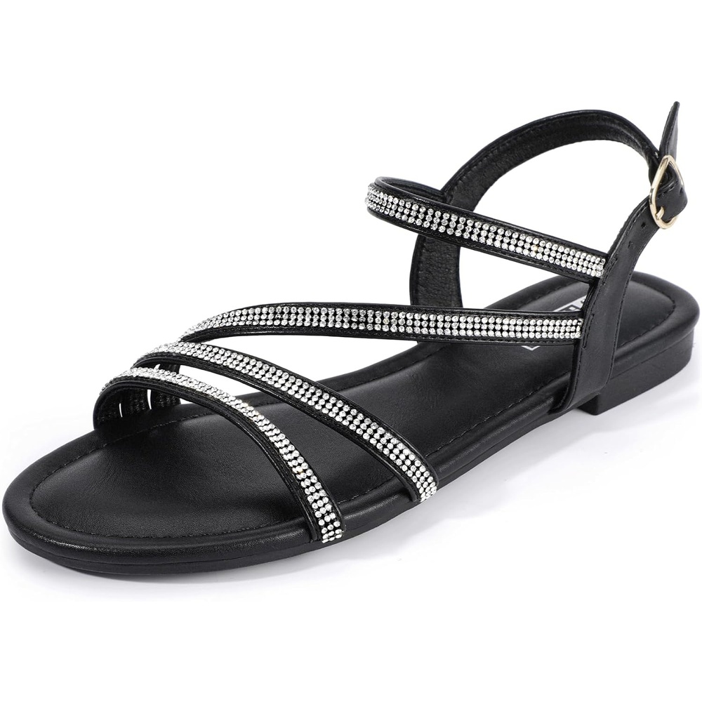 image:imageIDIFU Rhinestone Strappy Sandals for Women Dressy Summer Glitter Flat Sandals with Back Strap Open Toe Slingback Ankle Strap Sandals Wedding Bridal Prom Sparkly Bling Comfortable Cute Dress SandalsBlack Rhinestone