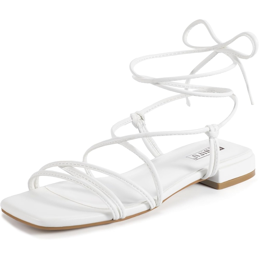 image:imageIDIFU Strappy Lace Up Flat Sandals for Women Tie Up Square Open Toe Ankle Wrap Straps Dressy Gladiator Summer Beach Wedding Party Ladies Comfortable Cute Casual Dress SandalsWhite Pu