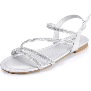 image:imageIDIFU Rhinestone Strappy Sandals for Women Dressy Summer Glitter Flat Sandals with Back Strap Open Toe Slingback Ankle Strap Sandals Wedding Bridal Prom Sparkly Bling Comfortable Cute Dress SandalsSilver Rhinestone