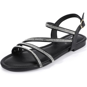 image:imageIDIFU Rhinestone Strappy Sandals for Women Dressy Summer Glitter Flat Sandals with Back Strap Open Toe Slingback Ankle Strap Sandals Wedding Bridal Prom Sparkly Bling Comfortable Cute Dress SandalsBlack Rhinestone