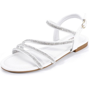 image:imageIDIFU Rhinestone Strappy Sandals for Women Dressy Summer Glitter Flat Sandals with Back Strap Open Toe Slingback Ankle Strap Sandals Wedding Bridal Prom Sparkly Bling Comfortable Cute Dress SandalsWhite Rhinestone