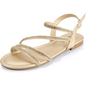 image:imageIDIFU Rhinestone Strappy Sandals for Women Dressy Summer Glitter Flat Sandals with Back Strap Open Toe Slingback Ankle Strap Sandals Wedding Bridal Prom Sparkly Bling Comfortable Cute Dress SandalsGold Rhinestone