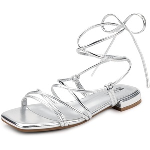 image:imageIDIFU Strappy Lace Up Flat Sandals for Women Tie Up Square Open Toe Ankle Wrap Straps Dressy Gladiator Summer Beach Wedding Party Ladies Comfortable Cute Casual Dress SandalsSilver Pu
