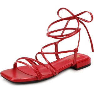 image:imageIDIFU Strappy Lace Up Flat Sandals for Women Tie Up Square Open Toe Ankle Wrap Straps Dressy Gladiator Summer Beach Wedding Party Ladies Comfortable Cute Casual Dress SandalsRed Pu