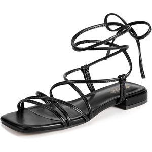 image:imageIDIFU Strappy Lace Up Flat Sandals for Women Tie Up Square Open Toe Ankle Wrap Straps Dressy Gladiator Summer Beach Wedding Party Ladies Comfortable Cute Casual Dress SandalsBlack Pu