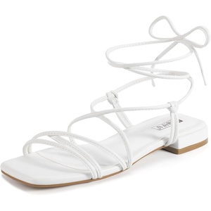 image:imageIDIFU Strappy Lace Up Flat Sandals for Women Tie Up Square Open Toe Ankle Wrap Straps Dressy Gladiator Summer Beach Wedding Party Ladies Comfortable Cute Casual Dress SandalsWhite Pu