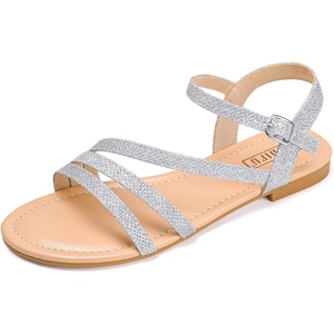 image:imageIDIFU Strappy Sandals for Women Dressy Summer Flat Sandals with Back Strap Open Toe Slingback Ankle Strap Sandals Wedding Bridal Prom Bride Bridesmaid Sandals Comfortable Cute Casual Dress SandalsSilver Glitter