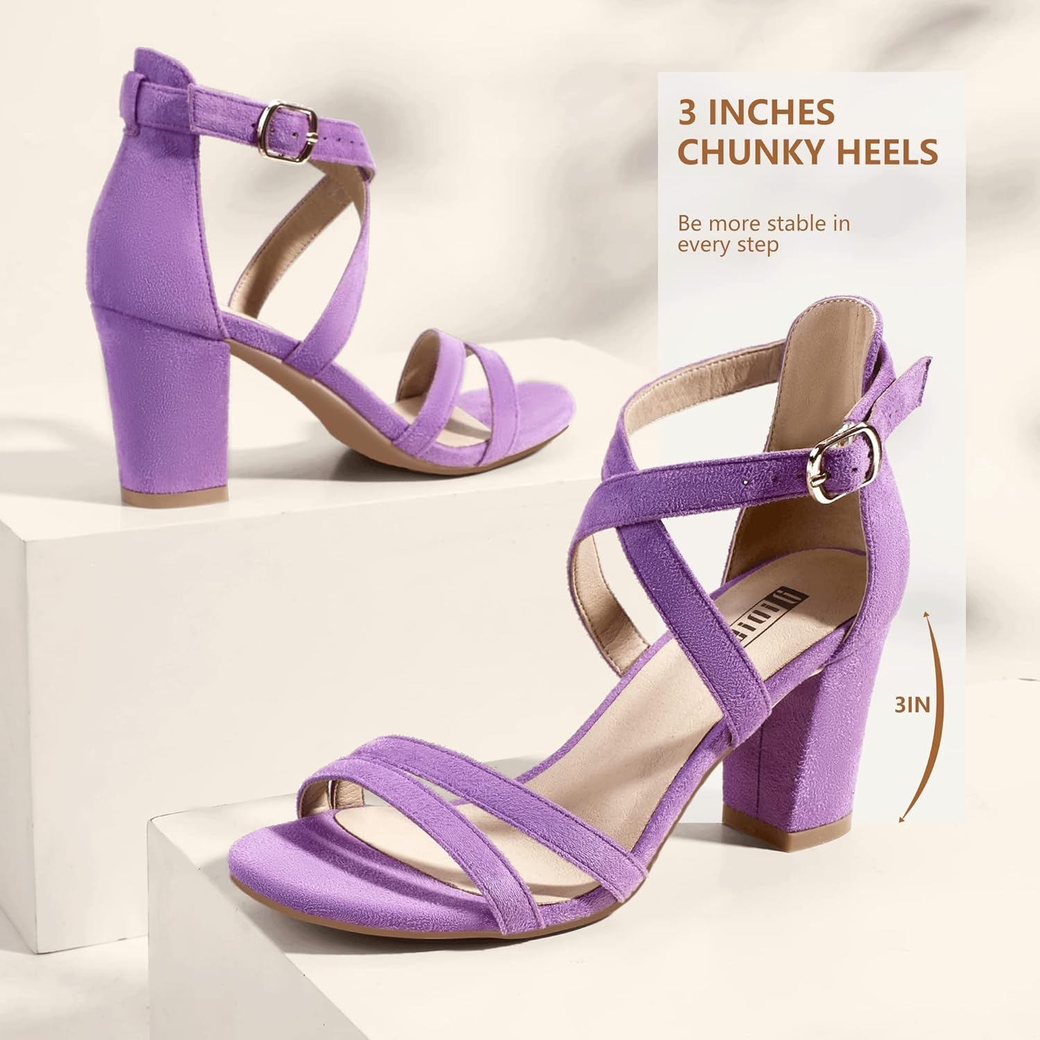 image:imageIDIFU Womens IN3 Gita Block Heel Open Toe Strappy Sandals Dress Shoes for Wedding Evening PromLilac Suede