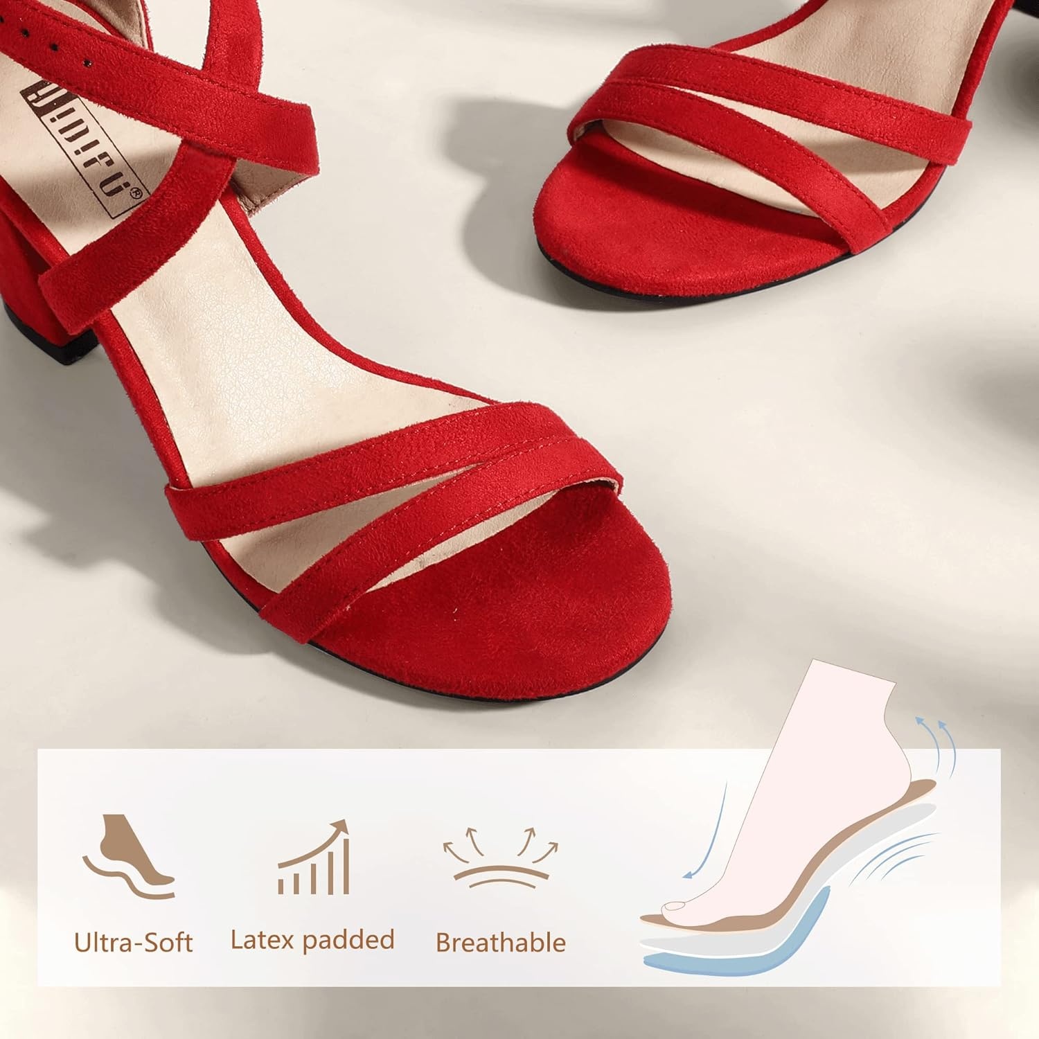image:imageIDIFU Womens IN3 Gita Block Heel Open Toe Strappy Sandals Dress Shoes for Wedding Evening PromRed Suede