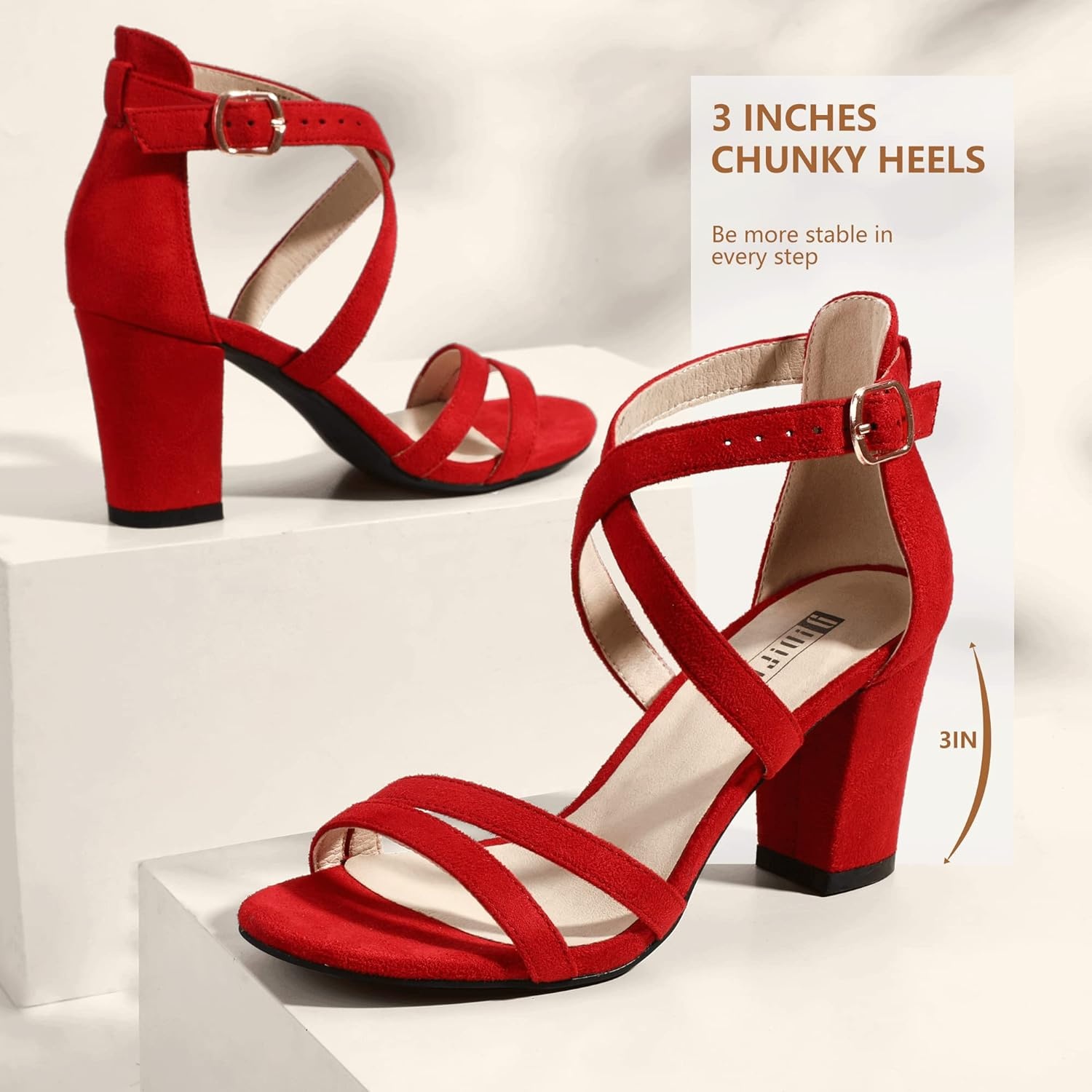 image:imageIDIFU Womens IN3 Gita Block Heel Open Toe Strappy Sandals Dress Shoes for Wedding Evening PromRed Suede