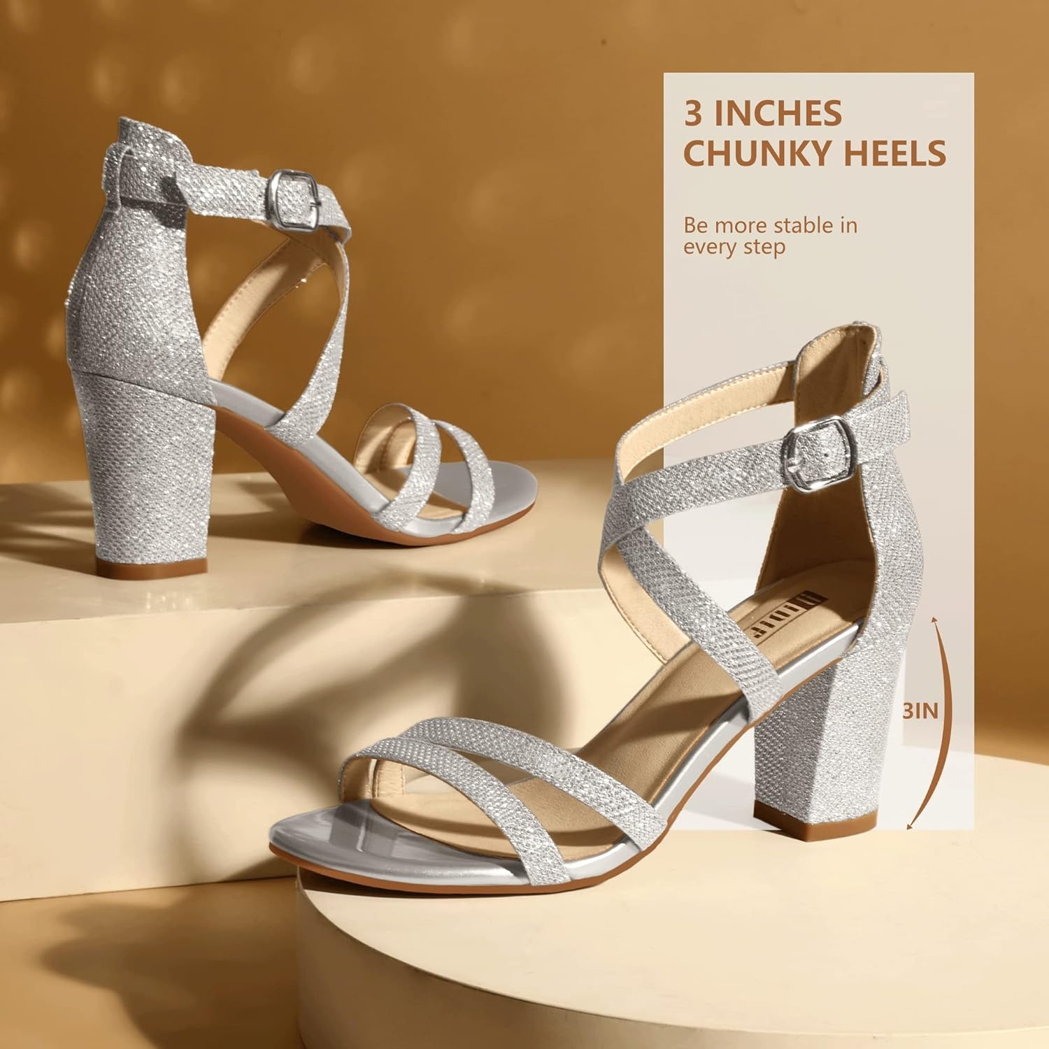 image:imageIDIFU Womens IN3 Gita Block Heel Open Toe Strappy Sandals Dress Shoes for Wedding Evening PromSilver Glitter