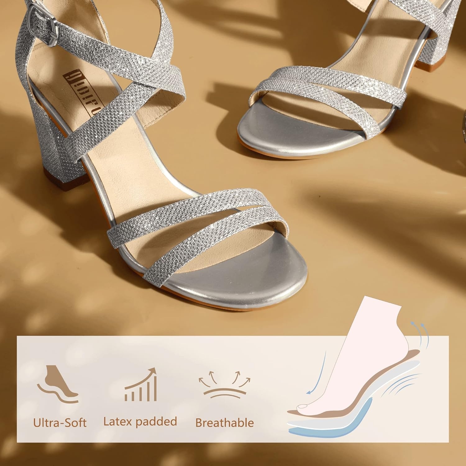 image:imageIDIFU Womens IN3 Gita Block Heel Open Toe Strappy Sandals Dress Shoes for Wedding Evening PromSilver Glitter