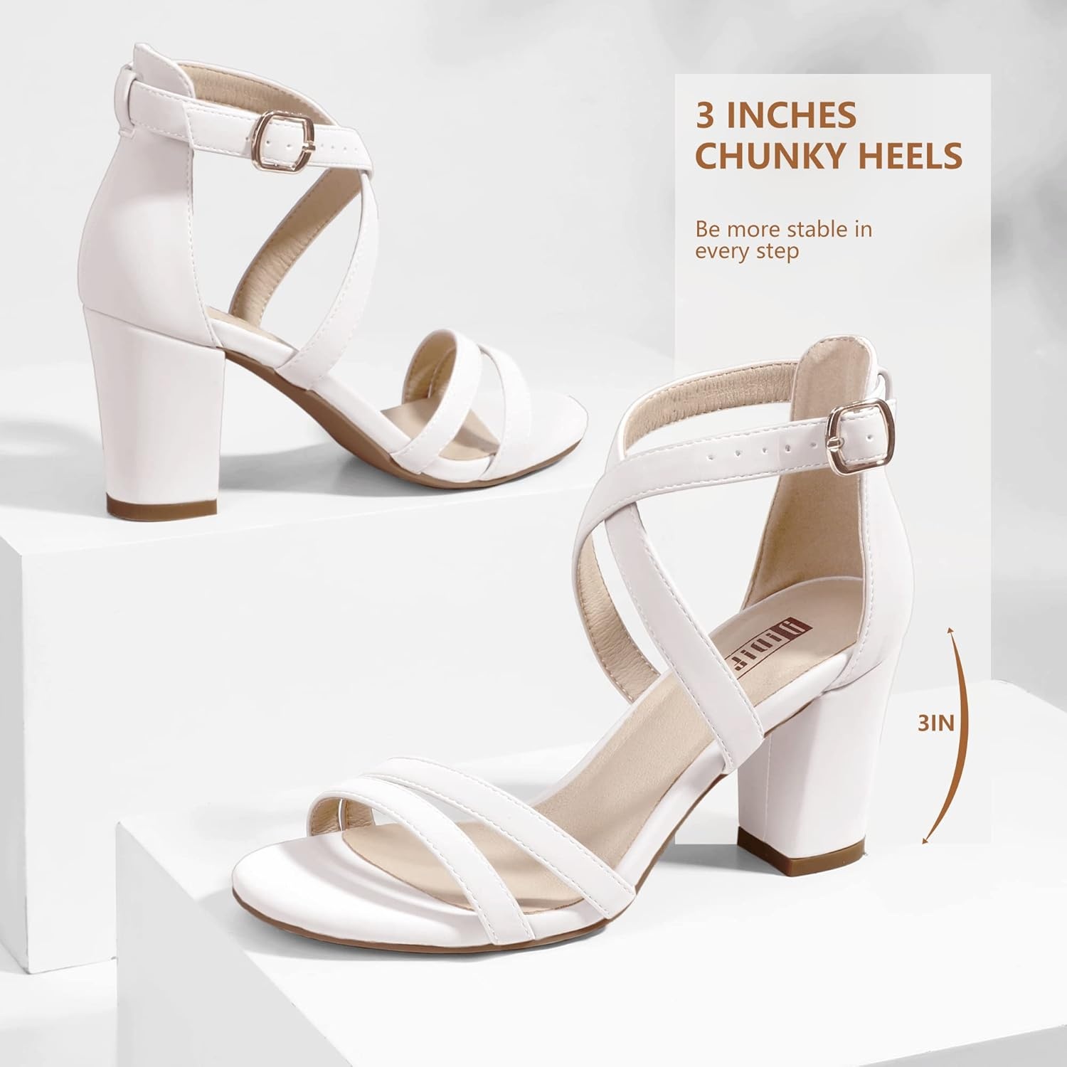 image:imageIDIFU Womens IN3 Gita Block Heel Open Toe Strappy Sandals Dress Shoes for Wedding Evening PromWhite Pu