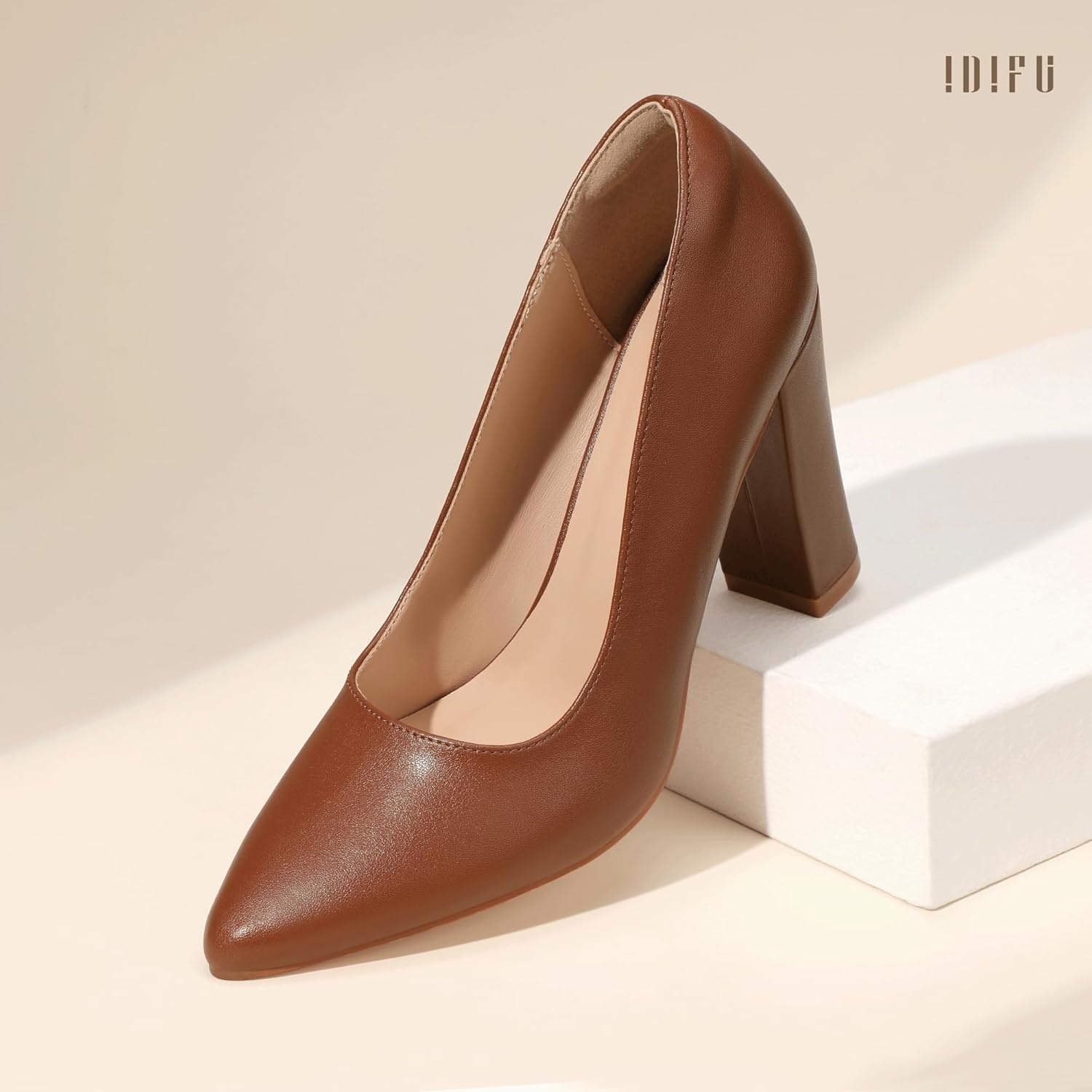 image:imageIDIFU Womens IN4 ChunkyHI Block High Heels Closed Pointed Toe Pumps Dress Office Shoes for WomenBrown Pu