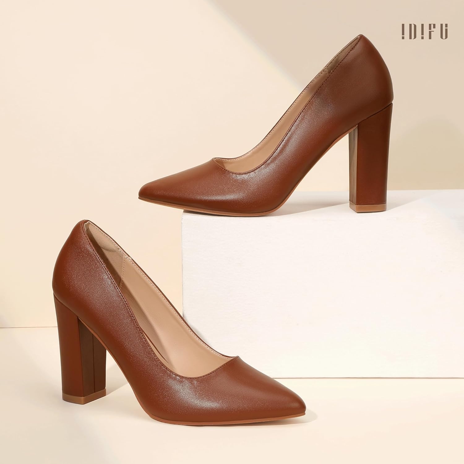 image:imageIDIFU Womens IN4 ChunkyHI Block High Heels Closed Pointed Toe Pumps Dress Office Shoes for WomenBrown Pu