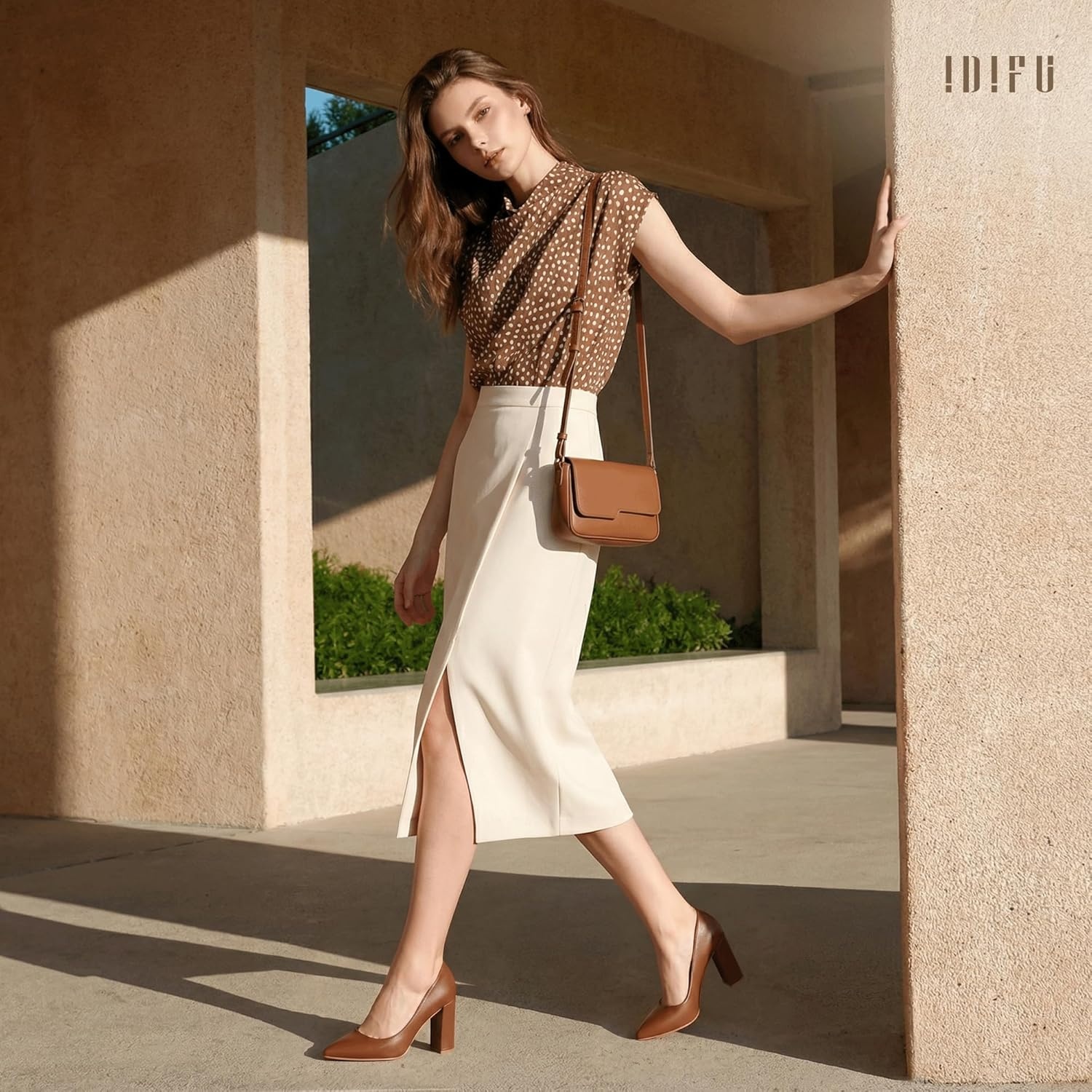 image:imageIDIFU Womens IN4 ChunkyHI Block High Heels Closed Pointed Toe Pumps Dress Office Shoes for WomenBrown Pu