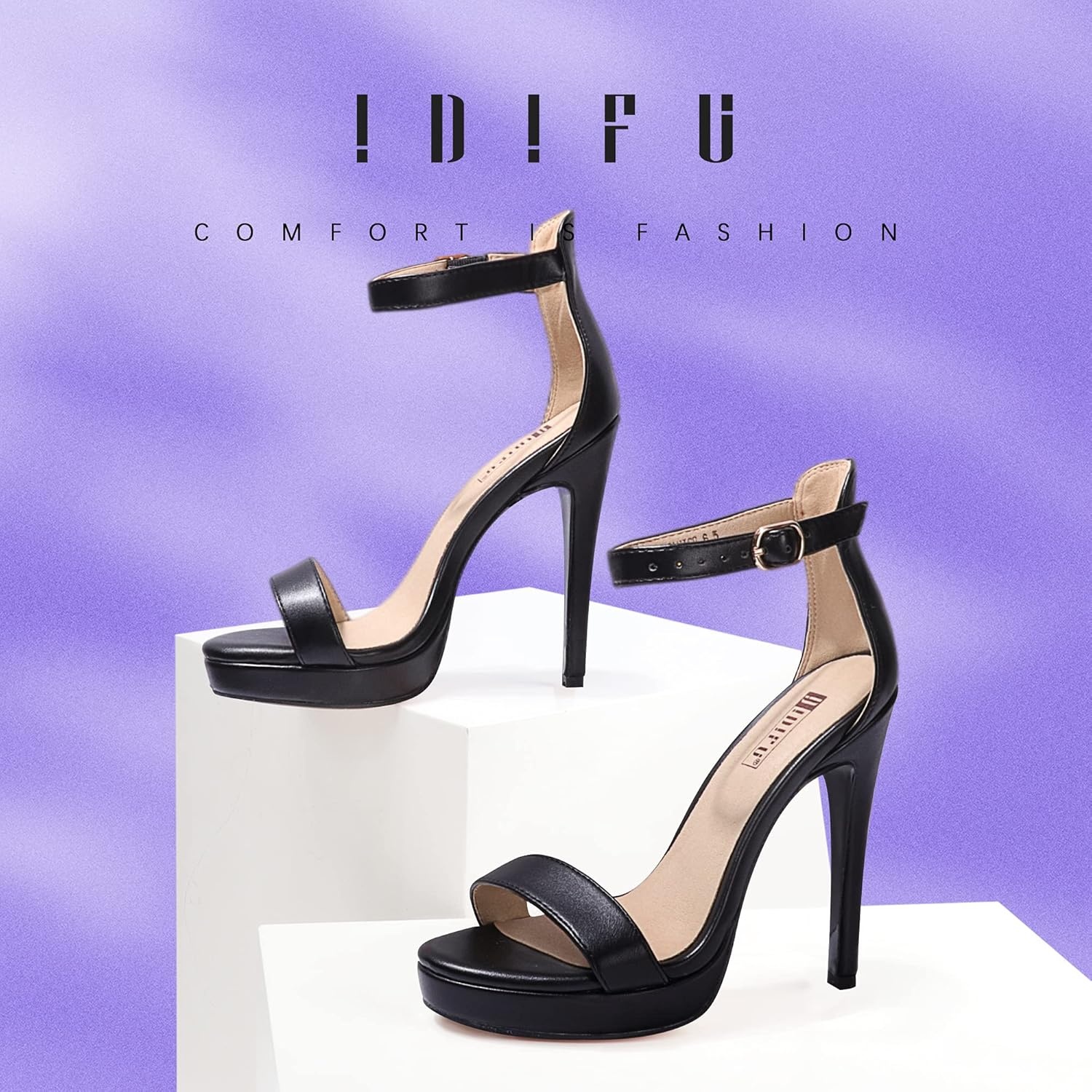 image:imageIDIFU Womens Stiletto High Heel Sandals Platform Open Toe Ankle Strap Dress Shoes for Women Bride Ladies in Wedding Bridal Party HomecomingBlack Pu