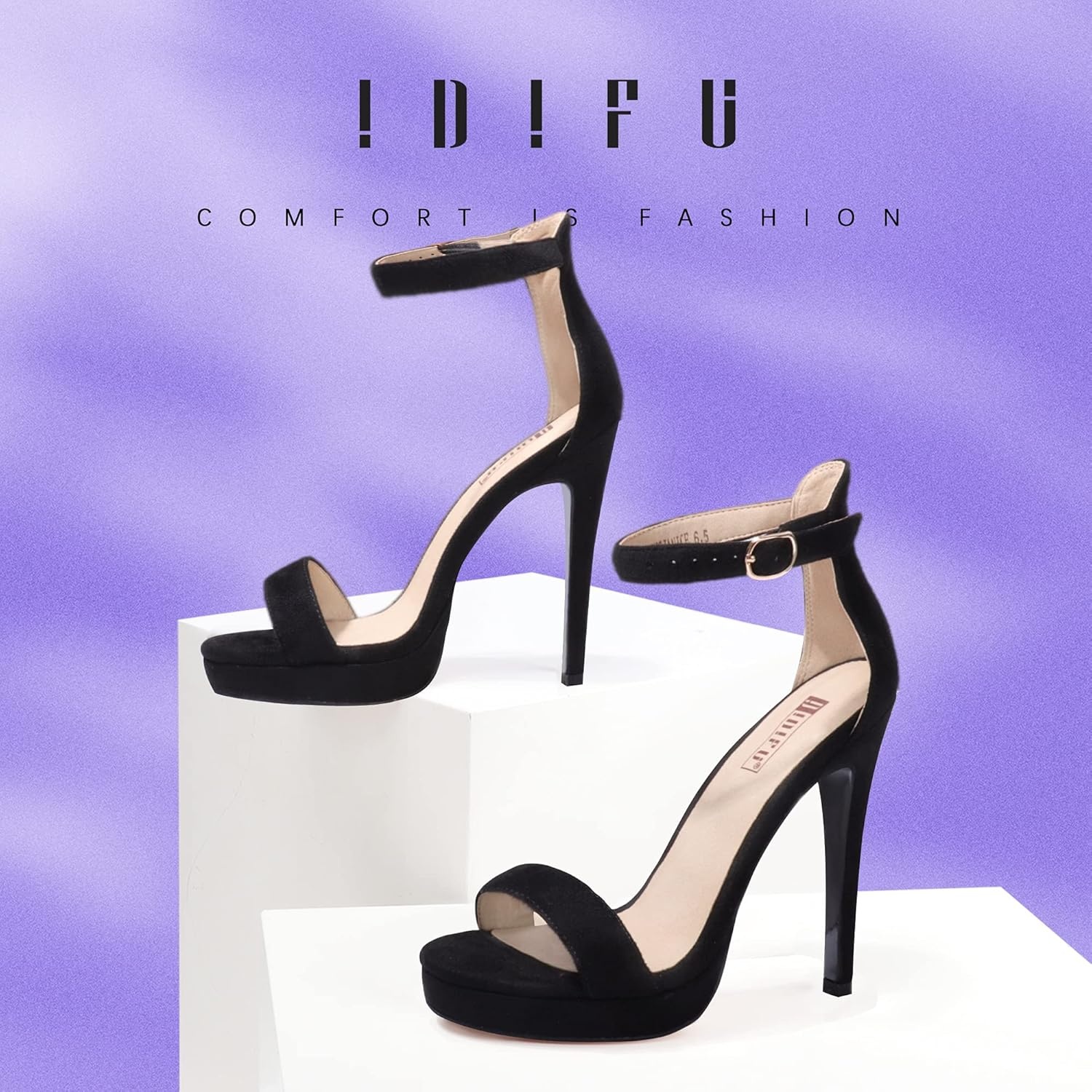 image:imageIDIFU Womens Stiletto High Heel Sandals Platform Open Toe Ankle Strap Dress Shoes for Women Bride Ladies in Wedding Bridal Party HomecomingBlack Suede