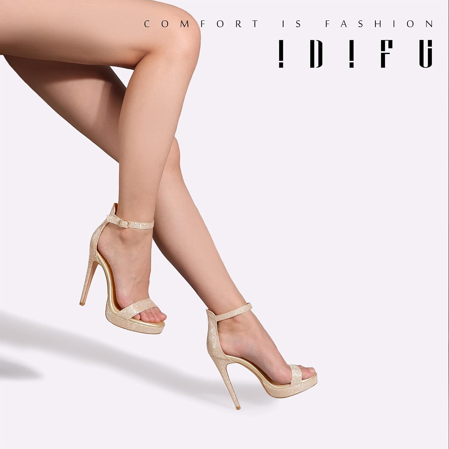 image:imageIDIFU Womens Stiletto High Heel Sandals Platform Open Toe Ankle Strap Dress Shoes for Women Bride Ladies in Wedding Bridal Party HomecomingGold Glitter