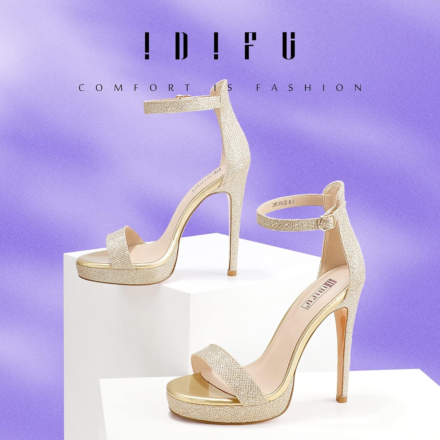 image:imageIDIFU Womens Stiletto High Heel Sandals Platform Open Toe Ankle Strap Dress Shoes for Women Bride Ladies in Wedding Bridal Party HomecomingGold Glitter