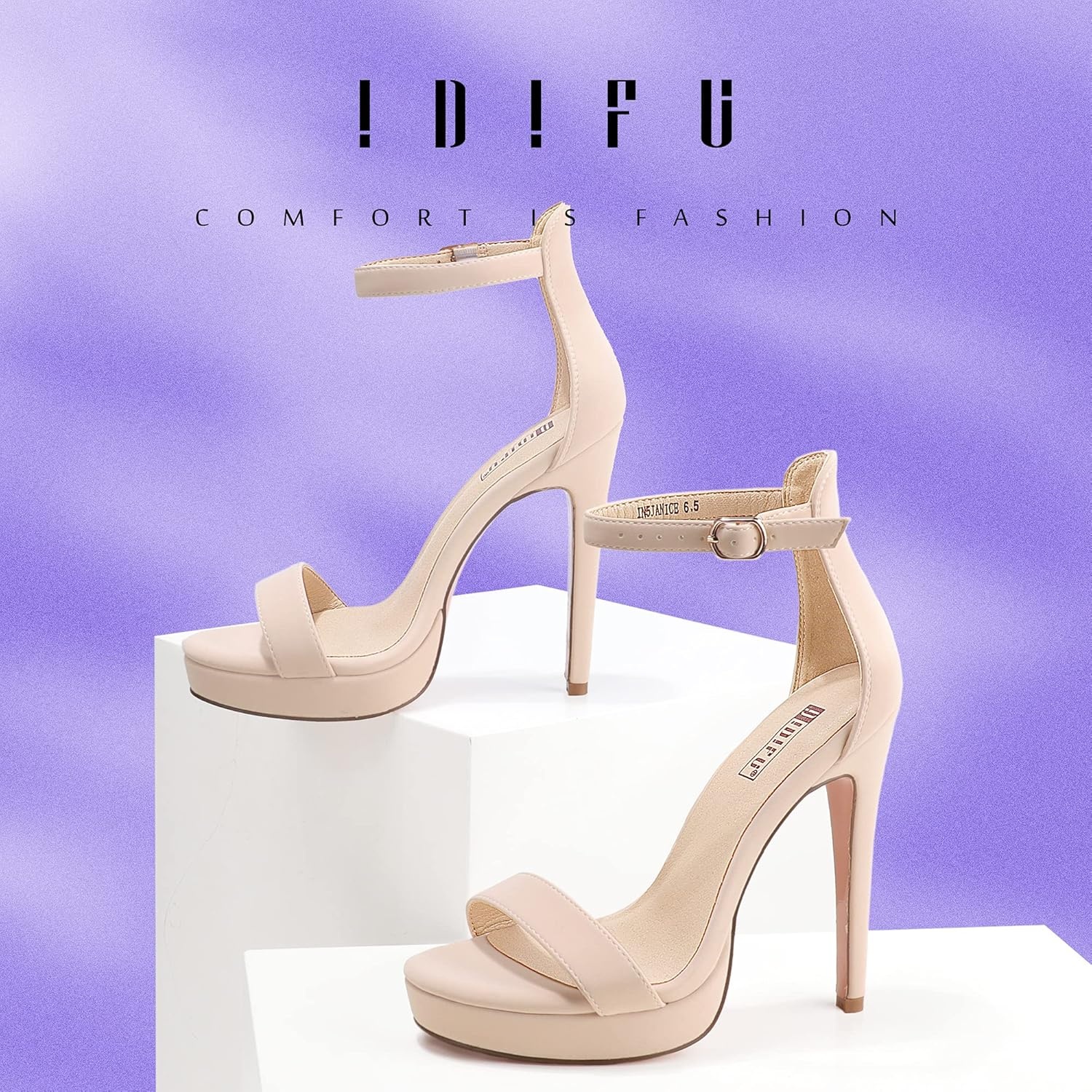 image:imageIDIFU Womens Stiletto High Heel Sandals Platform Open Toe Ankle Strap Dress Shoes for Women Bride Ladies in Wedding Bridal Party HomecomingNude Nubuck