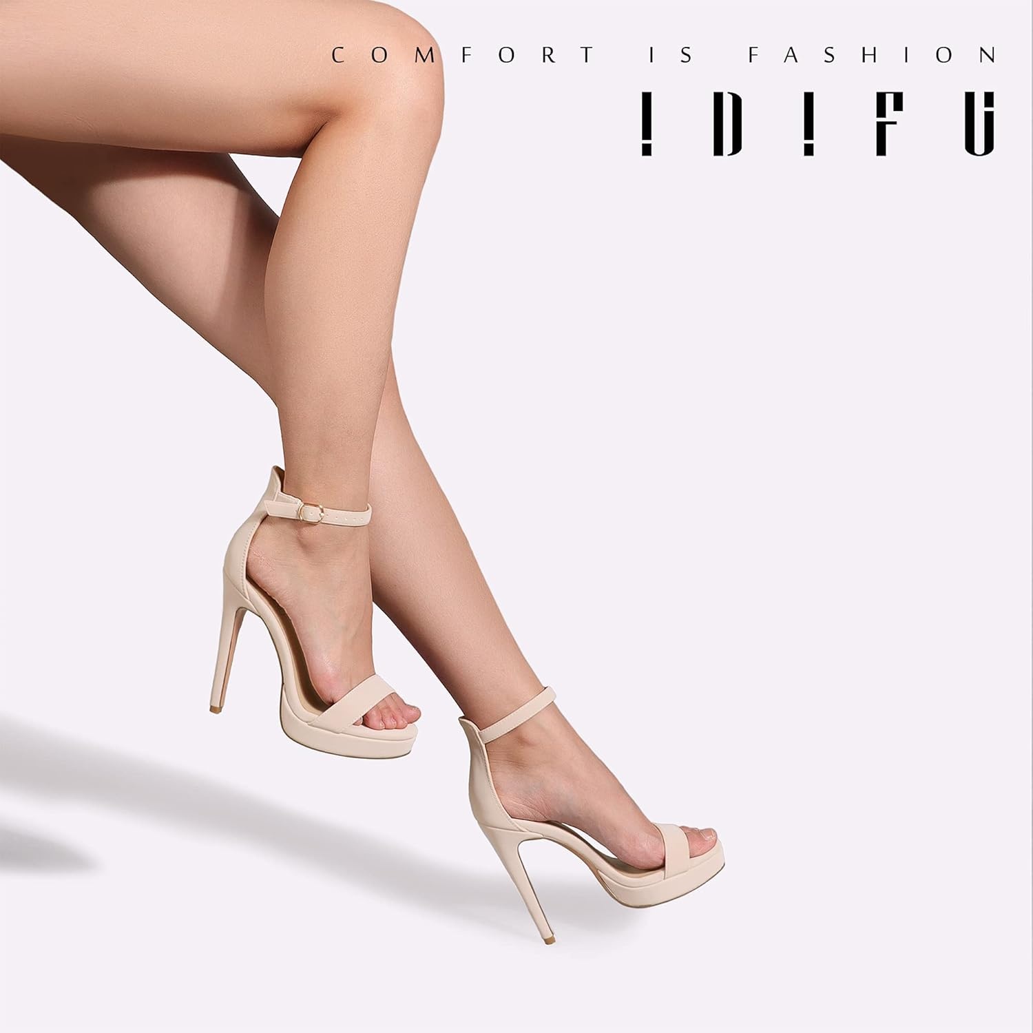 image:imageIDIFU Womens Stiletto High Heel Sandals Platform Open Toe Ankle Strap Dress Shoes for Women Bride Ladies in Wedding Bridal Party HomecomingNude Nubuck