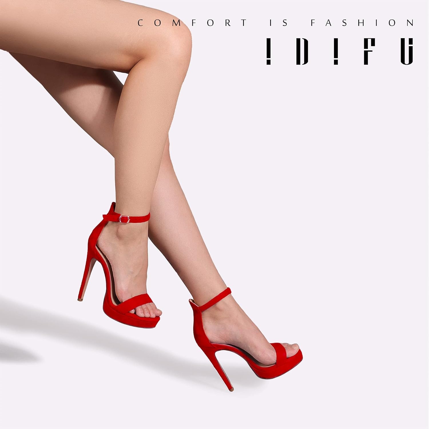 image:imageIDIFU Womens Stiletto High Heel Sandals Platform Open Toe Ankle Strap Dress Shoes for Women Bride Ladies in Wedding Bridal Party HomecomingRed Suede