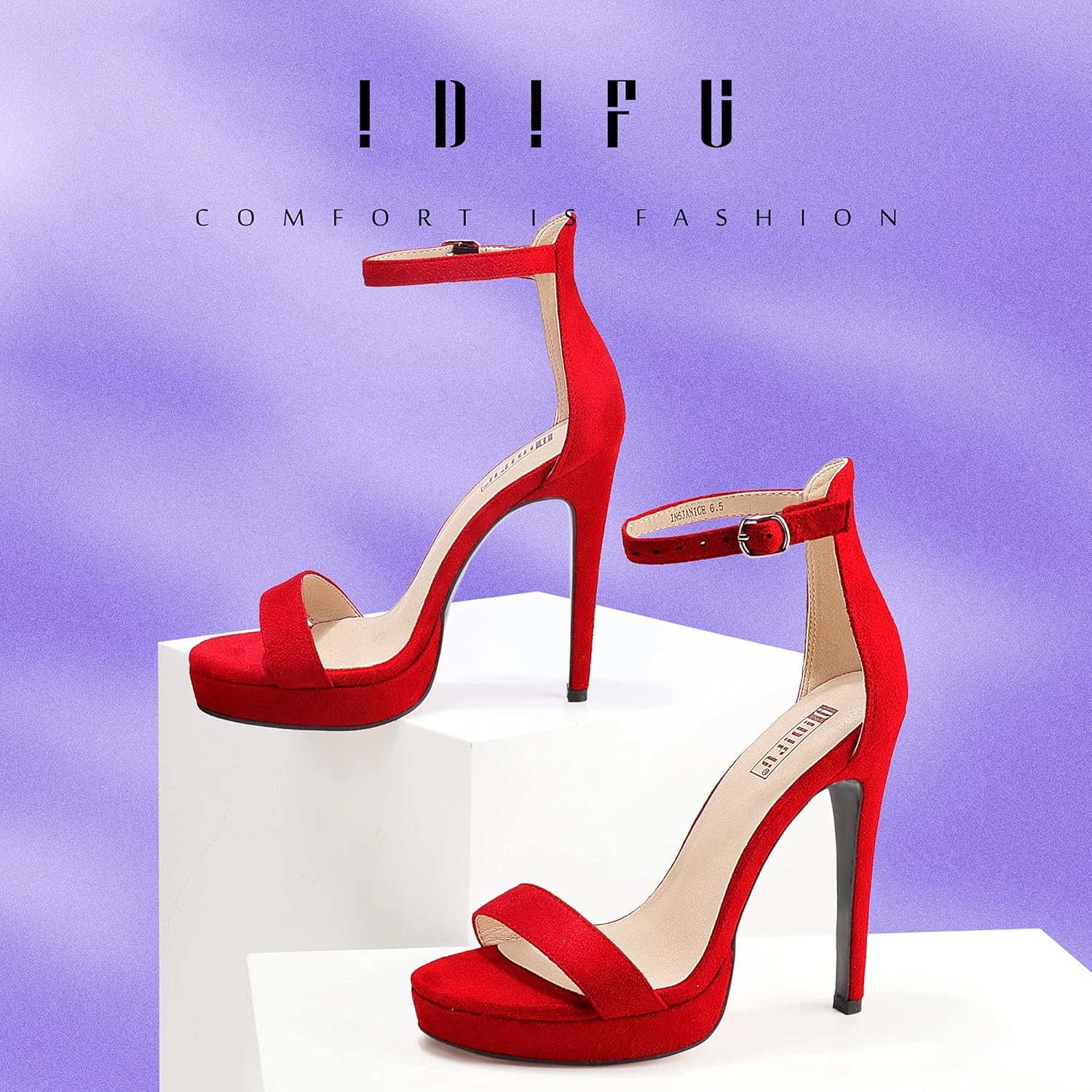 image:imageIDIFU Womens Stiletto High Heel Sandals Platform Open Toe Ankle Strap Dress Shoes for Women Bride Ladies in Wedding Bridal Party HomecomingRed Suede