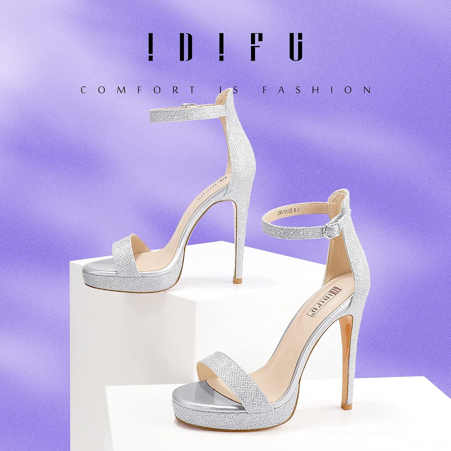 image:imageIDIFU Womens Stiletto High Heel Sandals Platform Open Toe Ankle Strap Dress Shoes for Women Bride Ladies in Wedding Bridal Party HomecomingSilver Glitter