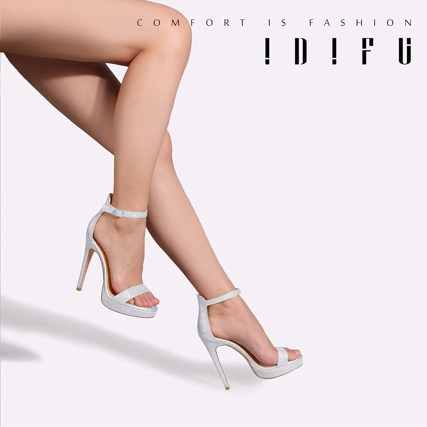 image:imageIDIFU Womens Stiletto High Heel Sandals Platform Open Toe Ankle Strap Dress Shoes for Women Bride Ladies in Wedding Bridal Party HomecomingSilver Glitter