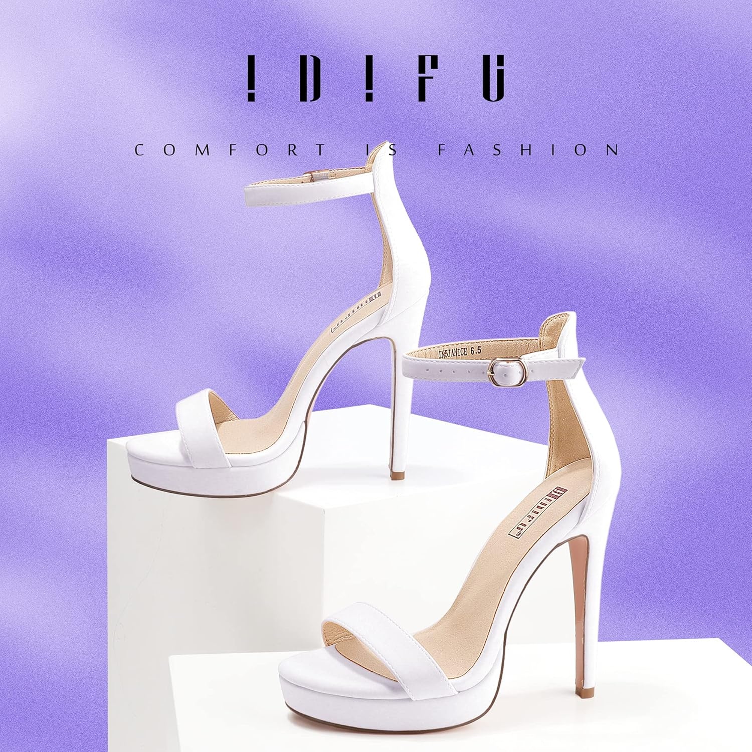 image:imageIDIFU Womens Stiletto High Heel Sandals Platform Open Toe Ankle Strap Dress Shoes for Women Bride Ladies in Wedding Bridal Party HomecomingWhite Pu
