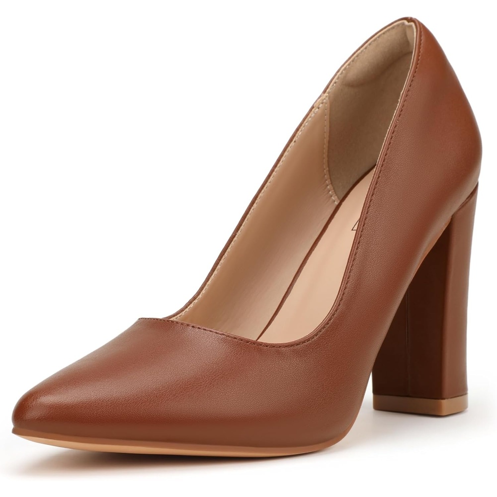 image:imageIDIFU Womens IN4 ChunkyHI Block High Heels Closed Pointed Toe Pumps Dress Office Shoes for WomenBrown Pu