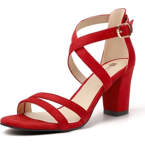 image:imageIDIFU Womens IN3 Gita Block Heel Open Toe Strappy Sandals Dress Shoes for Wedding Evening PromRed Suede
