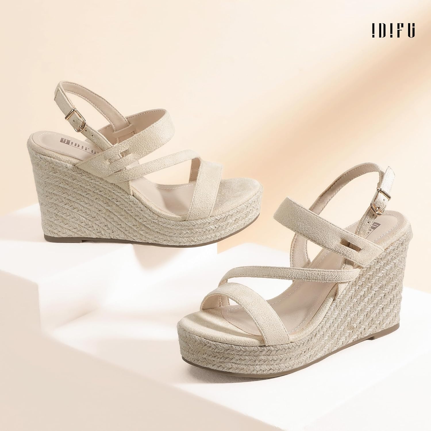 image:imageIDIFU IN4 Espadrille Wedge Sandals for Women Platform Wedges Heels Wedding Bridal Ladies Open Toe Dressy Sandals Comfortable Summer Ankle Strap Strappy High Heel WedgesNude Suede