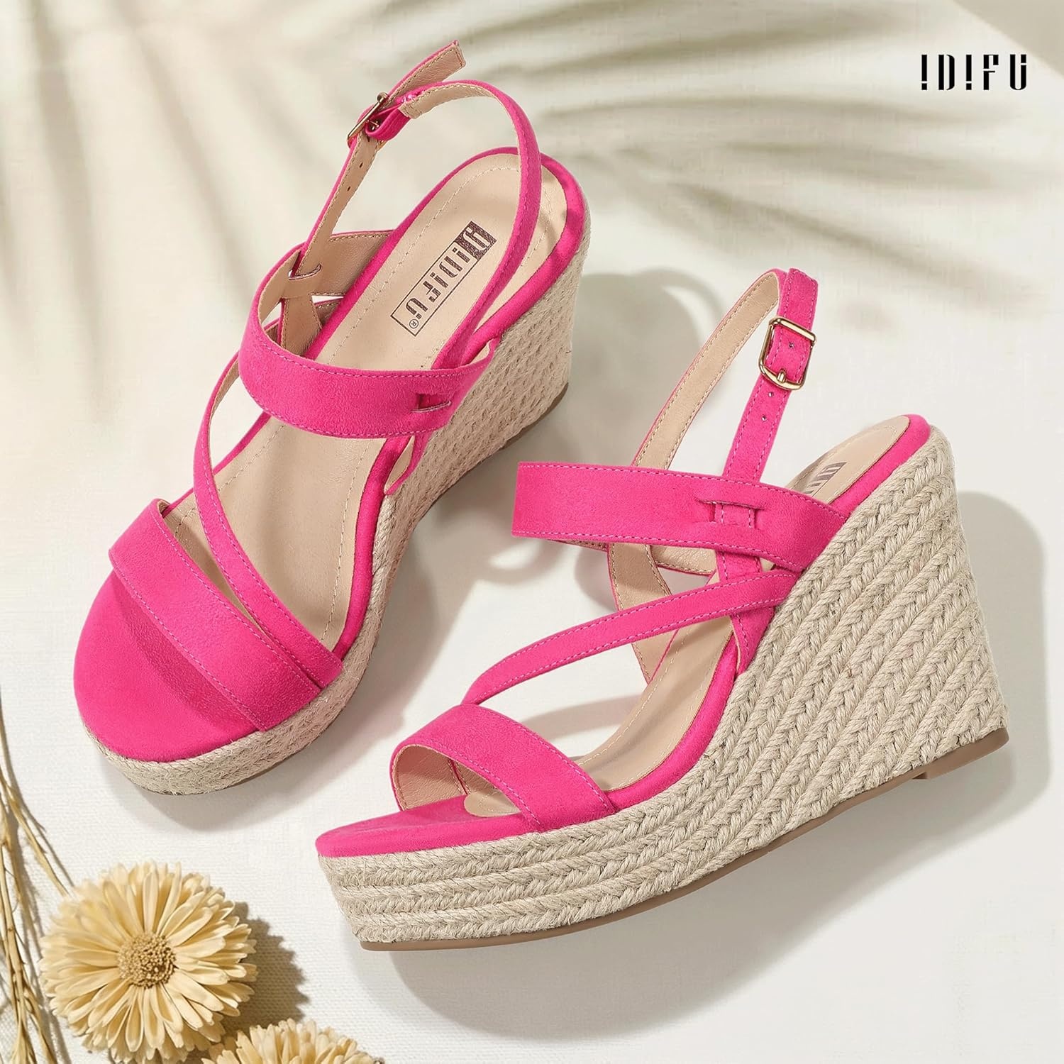 image:imageIDIFU IN4 Espadrille Wedge Sandals for Women Platform Wedges Heels Wedding Bridal Ladies Open Toe Dressy Sandals Comfortable Summer Ankle Strap Strappy High Heel WedgesHot Pink Suede