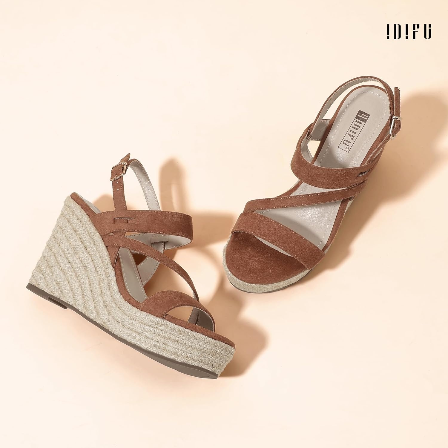 image:imageIDIFU IN4 Espadrille Wedge Sandals for Women Platform Wedges Heels Wedding Bridal Ladies Open Toe Dressy Sandals Comfortable Summer Ankle Strap Strappy High Heel WedgesBrown Suede