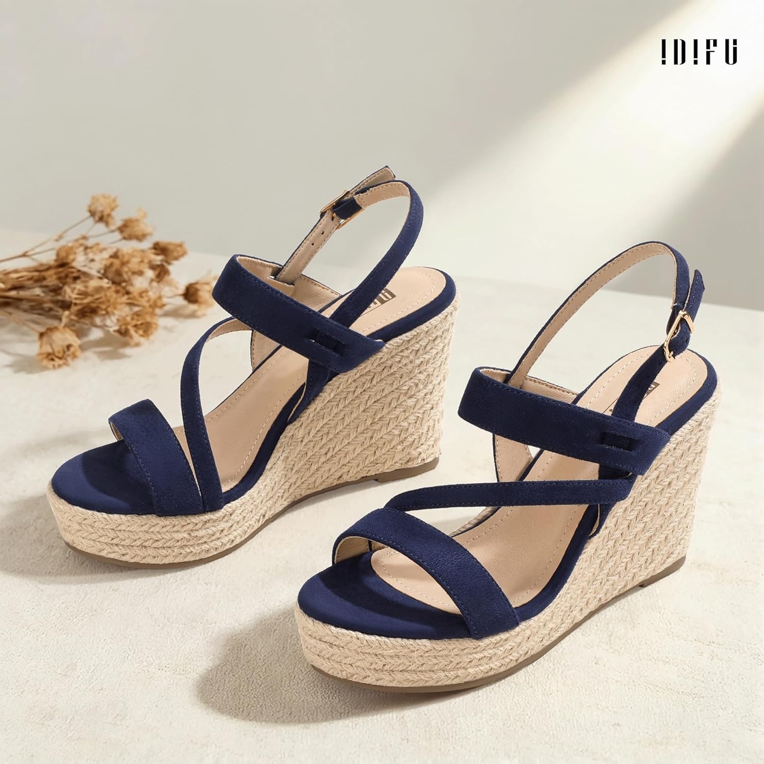 image:imageIDIFU IN4 Espadrille Wedge Sandals for Women Platform Wedges Heels Wedding Bridal Ladies Open Toe Dressy Sandals Comfortable Summer Ankle Strap Strappy High Heel WedgesNavy Blue Suede