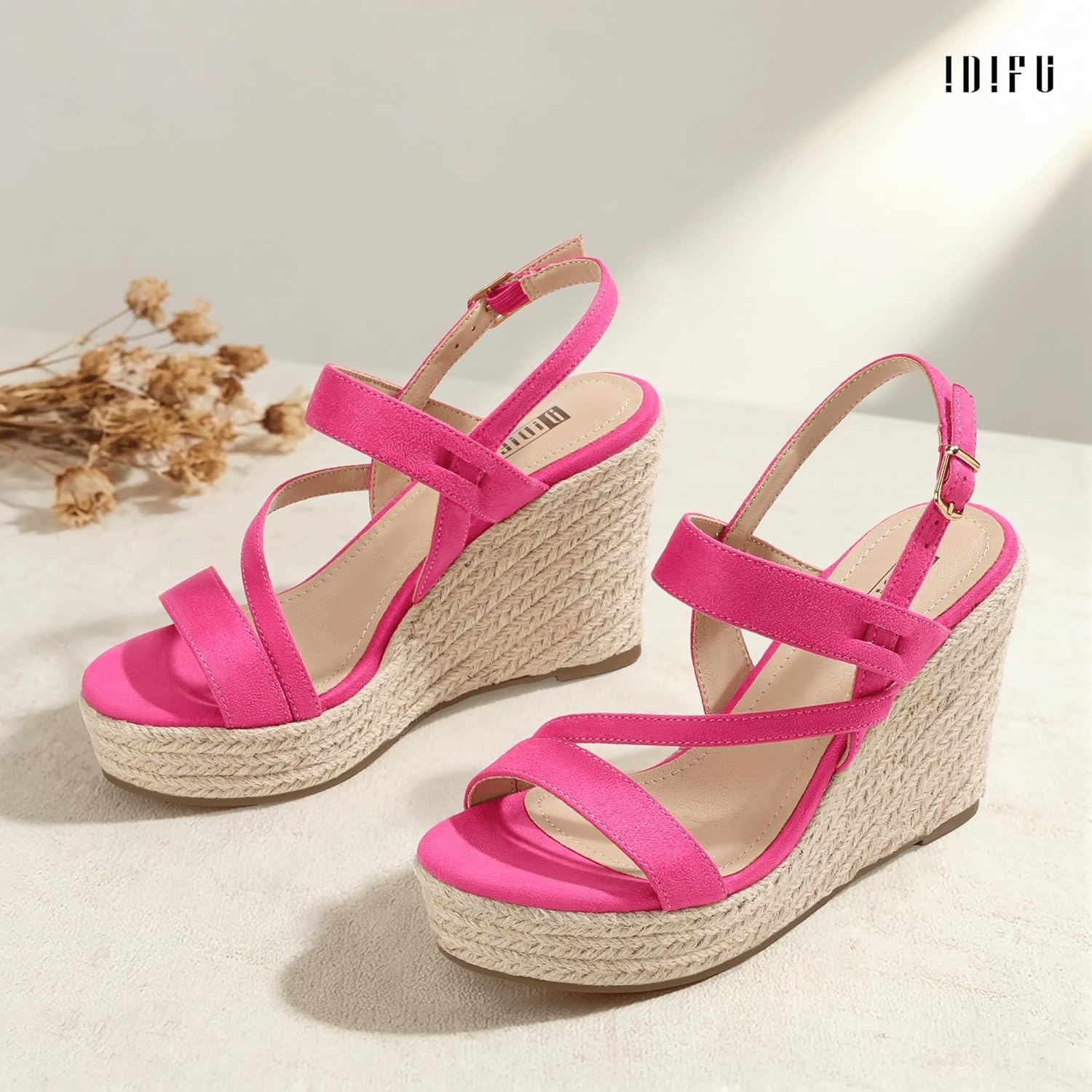 image:imageIDIFU IN4 Espadrille Wedge Sandals for Women Platform Wedges Heels Wedding Bridal Ladies Open Toe Dressy Sandals Comfortable Summer Ankle Strap Strappy High Heel WedgesHot Pink Suede