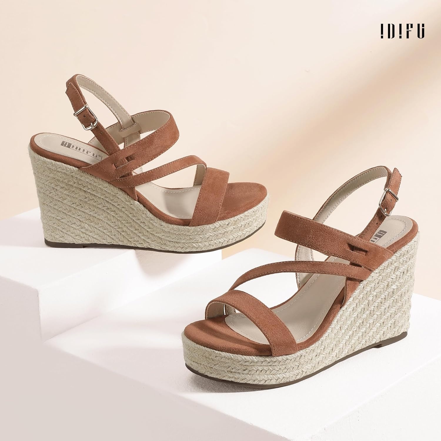 image:imageIDIFU IN4 Espadrille Wedge Sandals for Women Platform Wedges Heels Wedding Bridal Ladies Open Toe Dressy Sandals Comfortable Summer Ankle Strap Strappy High Heel WedgesBrown Suede