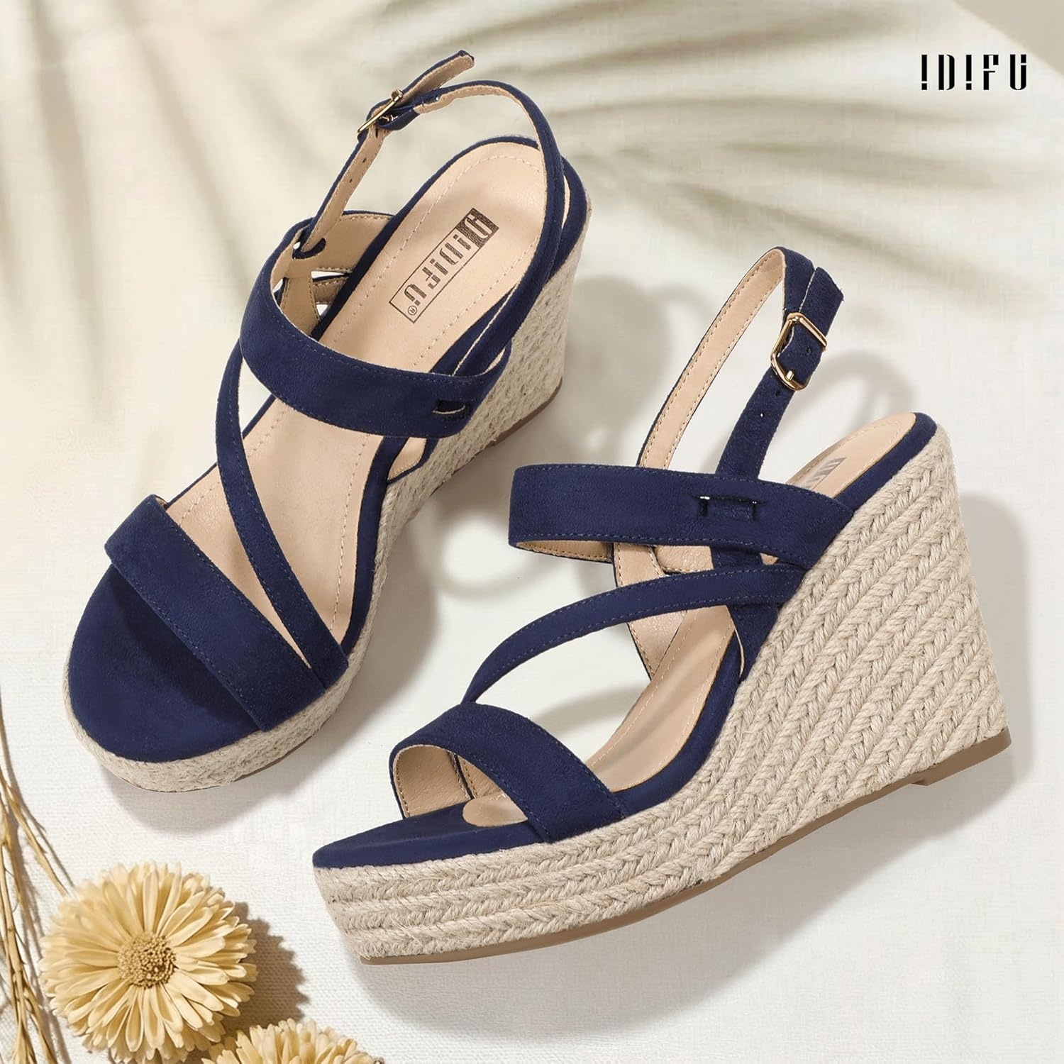 image:imageIDIFU IN4 Espadrille Wedge Sandals for Women Platform Wedges Heels Wedding Bridal Ladies Open Toe Dressy Sandals Comfortable Summer Ankle Strap Strappy High Heel WedgesNavy Blue Suede