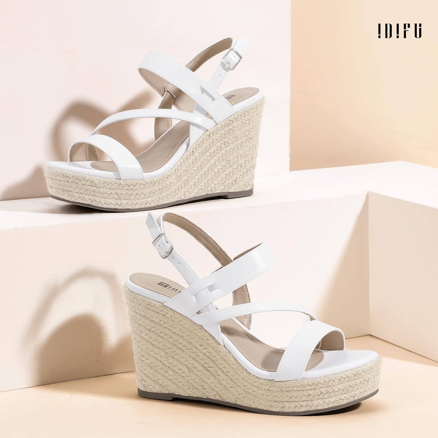 image:imageIDIFU IN4 Espadrille Wedge Sandals for Women Platform Wedges Heels Wedding Bridal Ladies Open Toe Dressy Sandals Comfortable Summer Ankle Strap Strappy High Heel WedgesWhite Pu