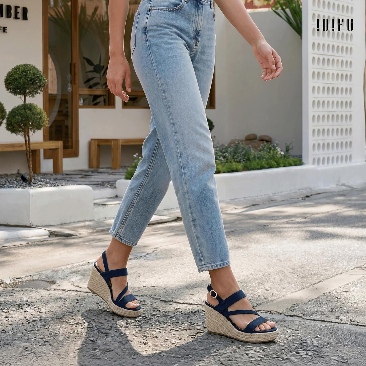 image:imageIDIFU IN4 Espadrille Wedge Sandals for Women Platform Wedges Heels Wedding Bridal Ladies Open Toe Dressy Sandals Comfortable Summer Ankle Strap Strappy High Heel WedgesNavy Blue Suede